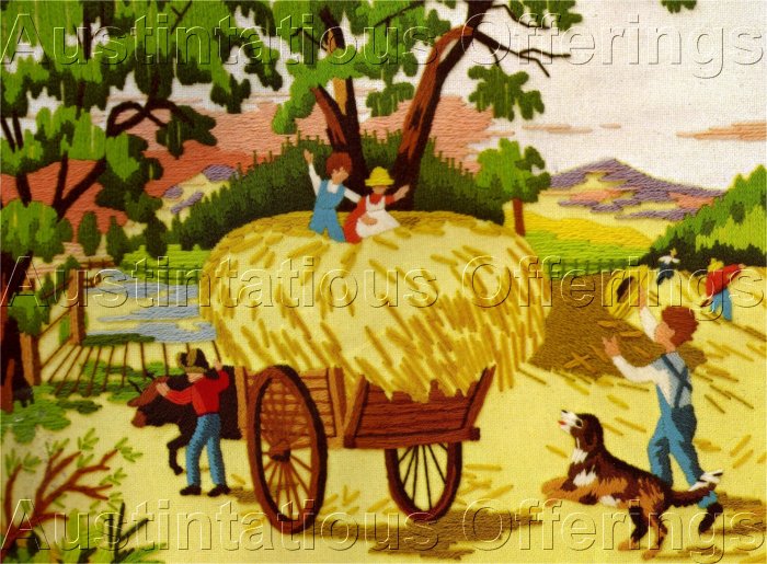 RARE RIENSTRA FOLK ART FARM HARVEST TIME CREWEL EMBROIDERY KIT HAYRIDE