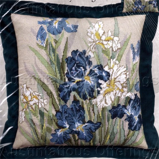 HARD TO FIND WANG BLUE WHITE IRIS NEEDLEPOINT PILLOW KIT