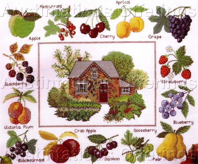 RARE RED BRICK COTTAGE CROSSSTITCH SAMPLER KIT FRUIT ORCHARD