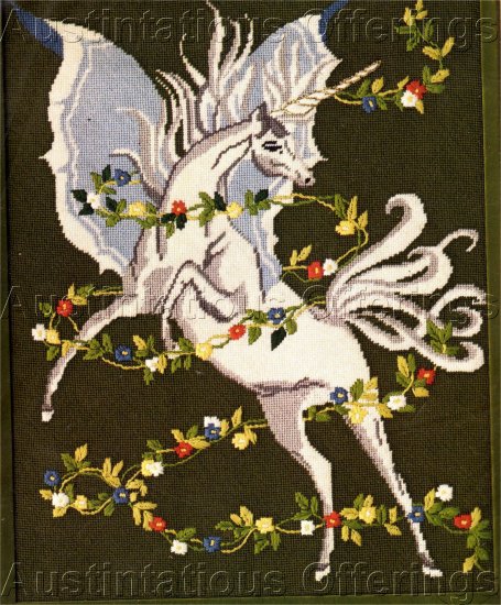 RARE MEDIEVAL FANTASY TEXTURED NEEDLEPOINT KIT MAGICAL WINGED UNICORN