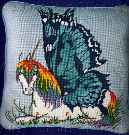 RARE CONTEMPORY RAINBOW COLORS BUTTERFLY WINGED UNICORN NEEDLEPOINT PILLOW KIT