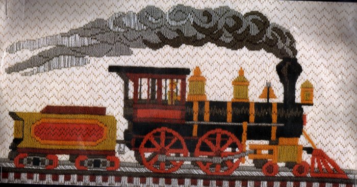 RARE ANTIQUE STEAM TRAIN LONGSTITCH TEXTURED NEEDLEPOINT KIT