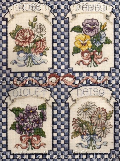 NOSTALGIC FLOWER SEED PACKET CROSS STITCH KIT GINGHAM CHECKS