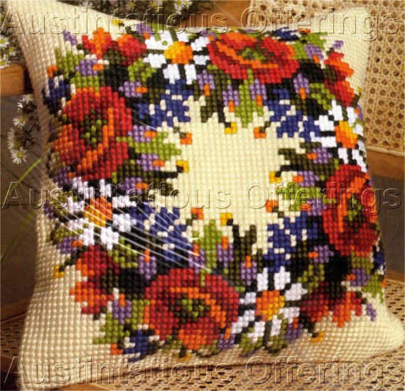 HARD TO FIND POPPY FLORAL WREATH LARGE COUNT NEEDLEPOINT KIT DAISIES POPPIES