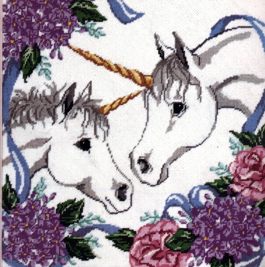 MAGICAL UNICORN PAIR NEEDLEPOINT PILLOW / PICTURE KIT UNICORNS IN HYDRANGEAS & PEONIES