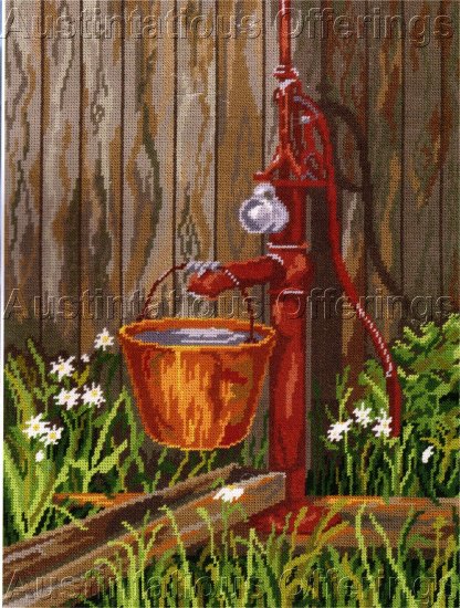 RARE ENGEL RUSTIC WATER PUMP NEEDLEPOINT KIT HAND PUMP AND PAIL