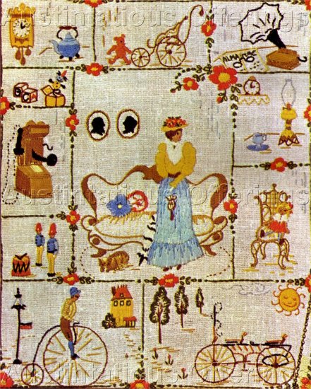 RARE VICTORIAN NOSTALGIC PICTORAL SAMPLER CREWEL EMBROIDERY KIT WOOD TELEPHONE BIKES & MORE