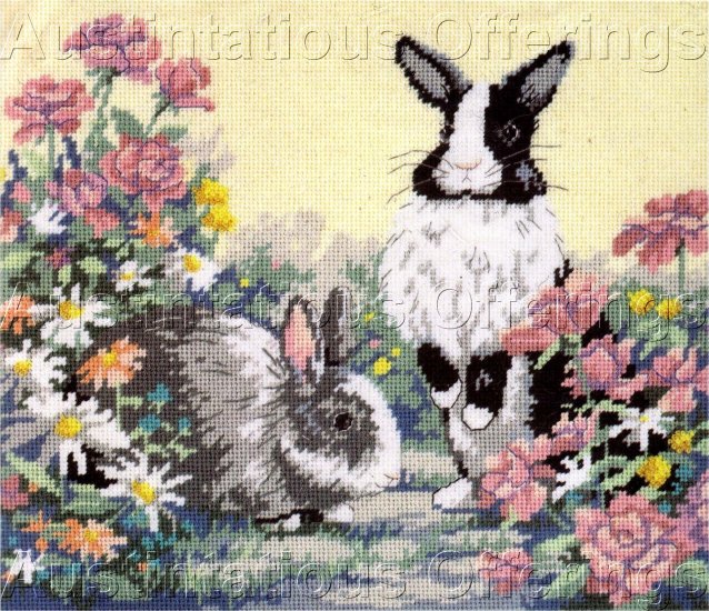 RARE DUTCH RABBIT PAIR NEEDLEPOINT KIT SPRING BUNNIES IN GARDEN EASTER