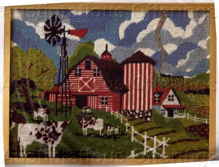 RARE COUNTRY FOLK ART RED STRIPED BARN NEEDLEPOINT KIT HOLSTEIN COWS