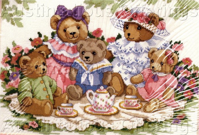 HARD TO FIND VICTORIAN TEDDY BEAR TEA PARTY PICNIC CROSS STITCH KIT