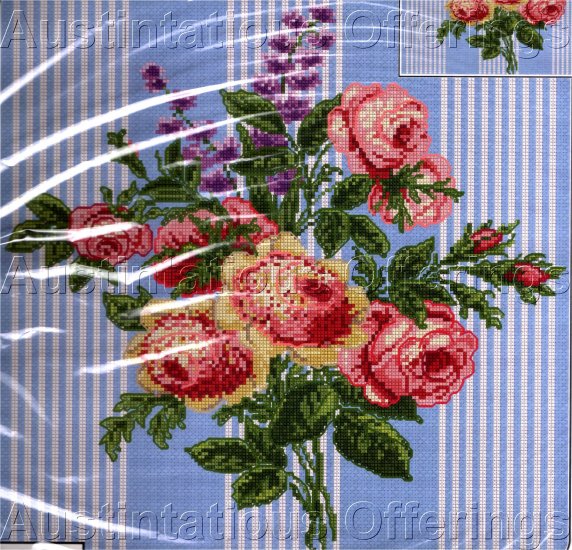 SPRING ROSE POSY CROSS STITCH PILLOW KIT BLUE TICKING STRIPES