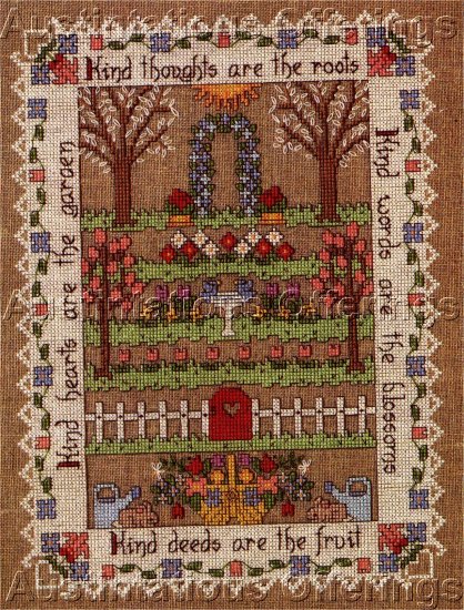 RARE SANDRA GILPIN LINEN HEIRLOOM GARDEN CROSS STITCH SAMPLER KIT KIND THOUGHTS DEEDS