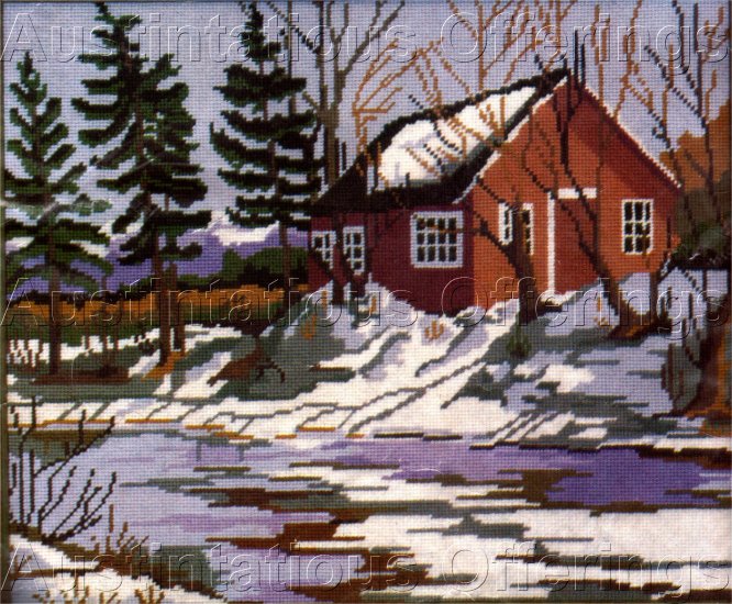 RARE ELSA WILLIAMS WINTER CABIN WOOL NEEDLEPOINT KIT RUSTIC OUTDOOR SCENE