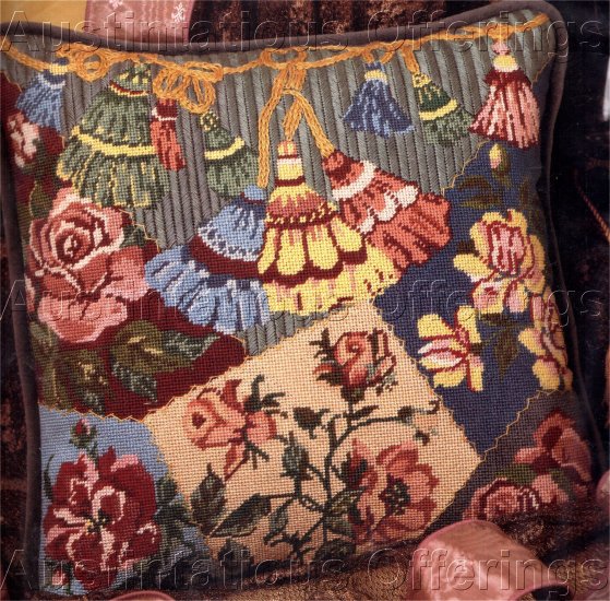 RARE VICTORIAN TASSELS CRAZY QUILT NEEDLEPOINT PILLOW KIT