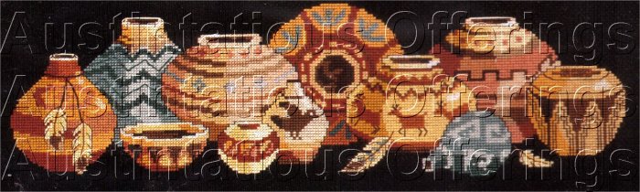 RARE NATIVE AMERICAN POTTERY CROSS STITCH KIT SOUTHWEST INDIAN CLAY POTS