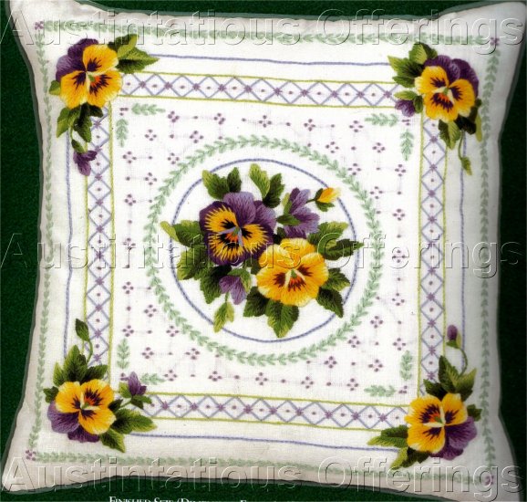 SPRING ROMANCE CREWEL EMBROIDERY PILLOW KIT ELSA WILLIAMS PANSY