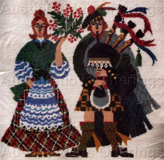 RARE SCOTSMAN FOLK ART NEEDLEPOINT PICTURE / PILLOW KIT BAGPIPES