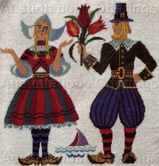 RARE DUTCH FOLK ART NEEDLEPOINT PICTURE / PILLOW KIT TULIP TIME