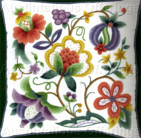 RARE MICHAEL LECLAIR BEADED JACOBEAN CREWEL EMBROIDERY PILLOW KIT CONTEMPORARY COLORS