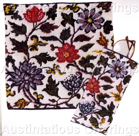 RARE CHINESE ORNAMENTAL FLORAL NEEDLEPOINT KIT PILLOW, PORTRAIT, OR 2 SIDED EYEGLASS CASE WINTERTHUR
