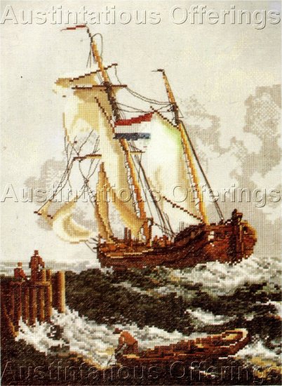RARE SEASCAPE LINEN CROSS STITCH KIT TALL SAILING SHIP