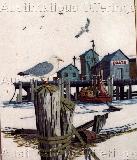 FISHERMAN'S WHARF CREWEL EMBROIDERY KIT MARITIME INTEREST DOCKSIDE BOAT