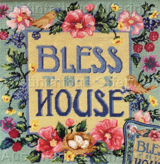 VINTAGE POST CARD STYLE NEEDLEPOINT SAMPLER PILLOW / PICTURE KIT BLESS HOME