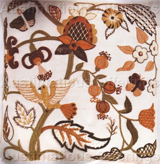 RARE WILSON JACOBEAN CREWEL EMBROIDERY PILLOW KIT BROWN TONES