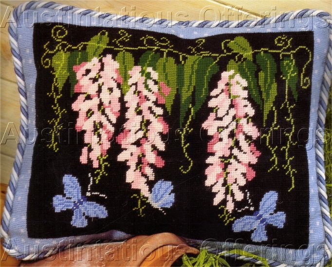 STELLA EDWARDS NEEDLEPOINT KIT PINK WISTERIA BLUE BUTTERFLIES TWILLEYS