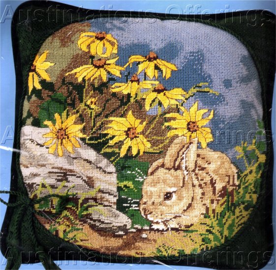 RARE SPRING GARDEN BUNNY HIDING NEEDLEPOINT PILLOW KIT RABBIT DAISIES