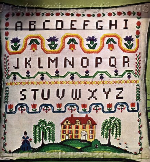 RARE SALTBOX SAMPLER CREWEL EMBROIDERY PILLOW KIT COLONIAL INTEREST