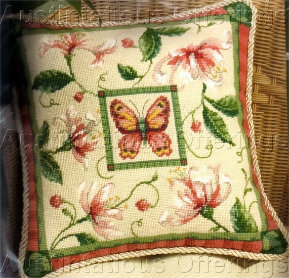 SUZANNE NICHOLL BUTTERFLY VIGNETTE SUMMER FLORAL NEEDLEPOINT PILLOW KIT SWEET HONEYSUCKLE VINE