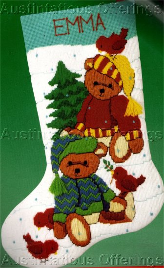 RARE CHRISTMAS TEDDY BEARS LONGSTITCH & TEXTURED NEEDLEPOINT STOCKING KIT