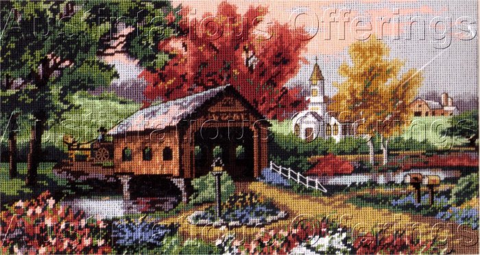 RARE CARL VALENTE SUMMER CREEK COVERED BRIDGE NEEDLEPOINT KIT