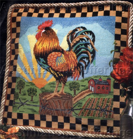 RARE SUNRISE COCKEREL NEEDLEPOINT PILLOW KIT FOLK ART FARM MORNING ROOSTER
