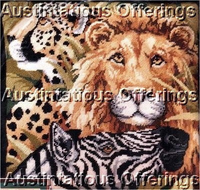 RARE GILLUM WILDLIFE LION CHEETAH ZEBRA SAFARI NEEDLEPOINT PILLOW KIT