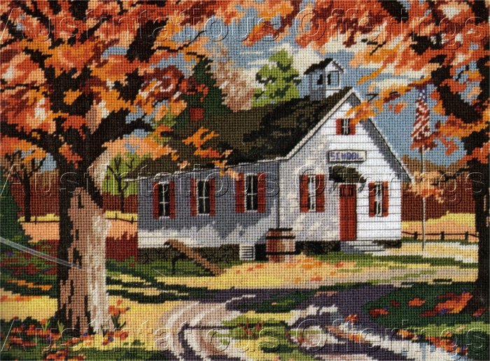 RARE KRATZ ONE ROOM SCHOOL HOUSE NEEDLEPOINT KIT AUTUMN SCHOOLYARD