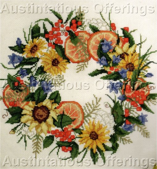 RARE SUMMER FRUIT AND FLORAL FERN WREATH CROSS CROSS STITCH