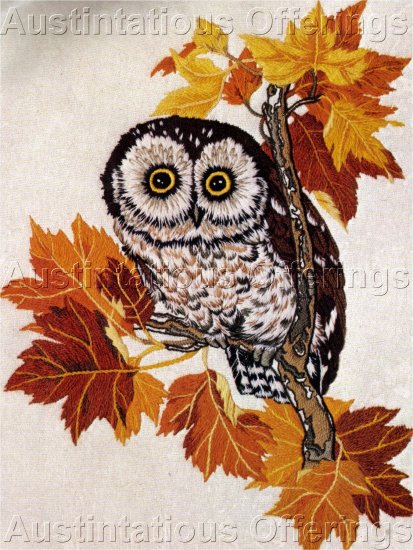 RARE POWELL BIRD OF PREY CREWEL EMBROIDERY KIT SCREECH OWL AUTUMN MAPLE