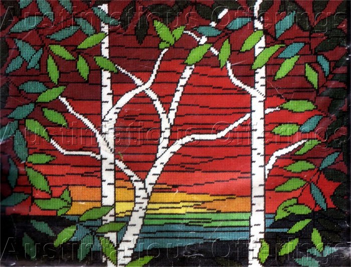 RARE LECLAIR STAINED GLASS NEEDLEPOINT KIT BIRCHES GARDEN SUNSET ELSA WILLIAMS