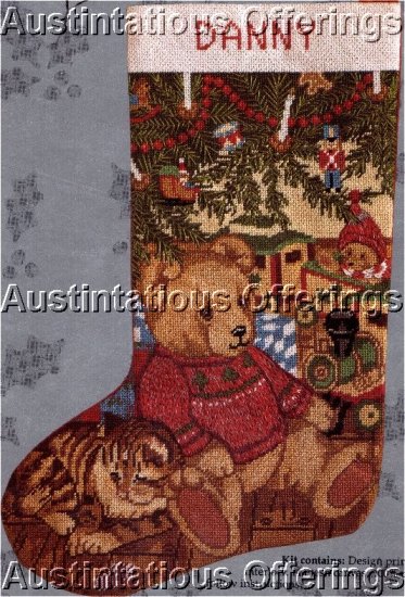 RARE CAROL BRYAN CHRISTMAS NEEDLEPOINT STOCKING KIT TEDDY TRAIN CAT