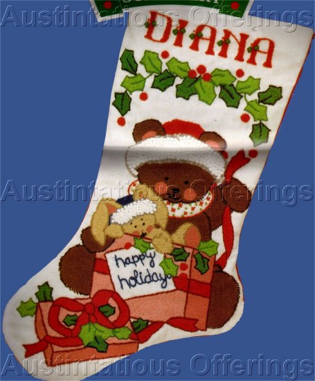 RARE JOAN ELLIOTT TEDDY BEAR CREWEL EMBROIDERY STOCKING KIT SANTABEAR WISHES