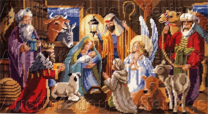 RARE NANCY ROSSI INSPIRATIONAL HOLIDAY CHRISTMAS NEEDLEPOINT KIT NATIVITY STABLE