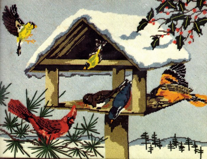 RARE SNOWY WINTER BIRD FEEDER NEEDLEPOINT KIT CARDINAL ORIOLE