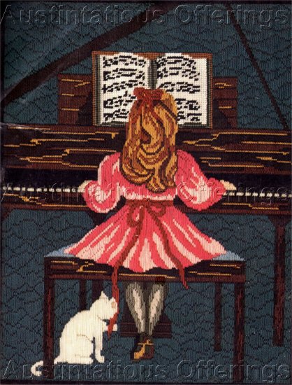 RARE CHILD'S FIRST PIANO RECITAL LONGSTITCH NEEDLEPOINT KIT GIRL AND KITTY CAT