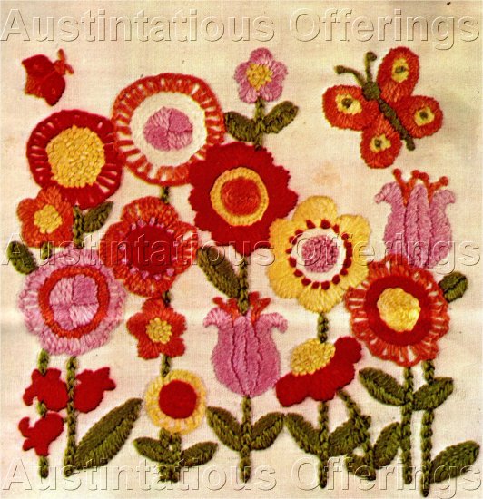 RARE VIBRANT PINK FLOWER GARDEN CREWEL EMBROIDERY KIT TULIPS POPPIES