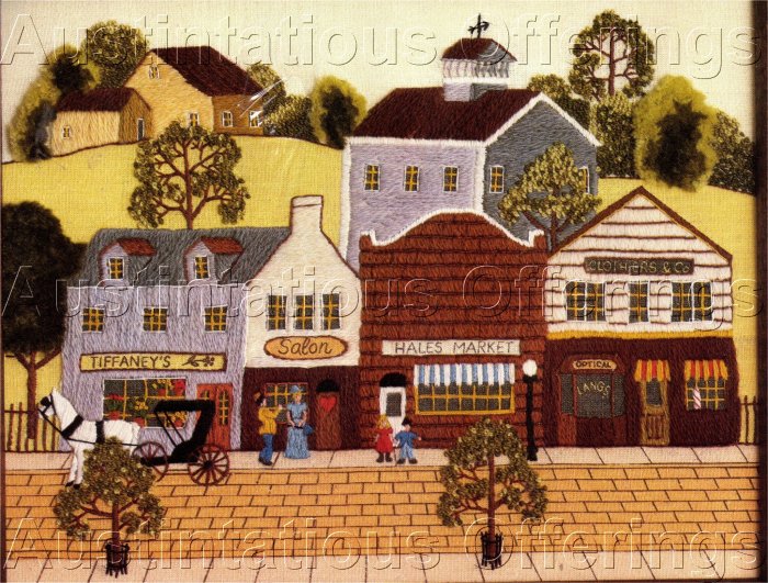 RARE KAATZ FOLK ART TOWN CREWEL EMBROIDERY KIT SATURDAY AFTERNOON