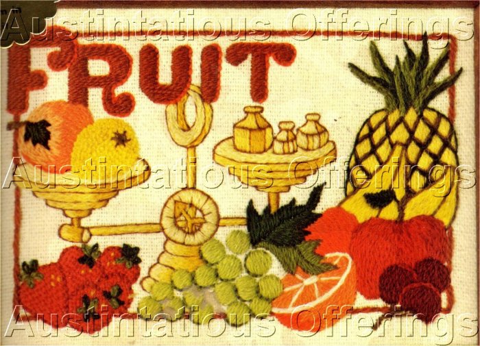MORRIS FORMAL FRUIT MINIATURE STILL LIFE CREWEL EMBROIDERY FORMAL TABLE