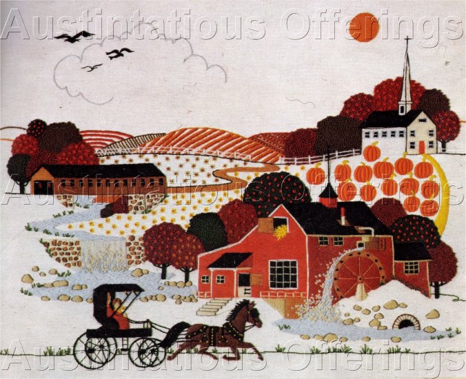 RARE WYSOCKI HARVEST TIME TRAVEL FOLK ART CREWEL EMBROIDERY KIT PUMPKIN FIELDS