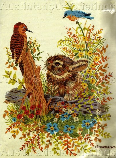 WOODLAND BUNNY RABBIT AND BIRDS CREWEL EMBROIDERY KIT GIORDANO